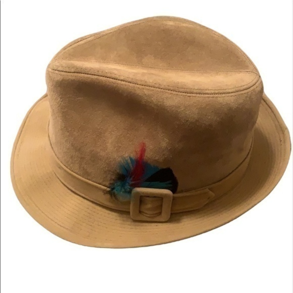 Dobbs beige suede fedora with feather in size 7 1/8